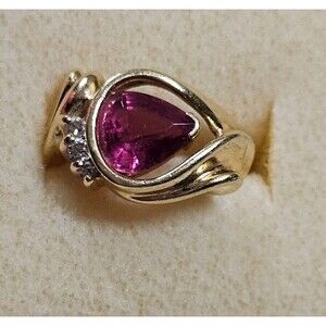 Vintage 14k Yellow Gold Pink Tourmaline Diamond Ring Teardrop Size 6 4.95 Grams